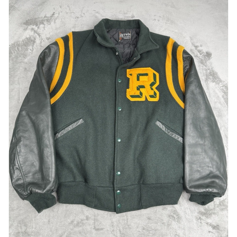 Vintage 80s Butwin Green Wool Leather Varsity Letterman Jacket Mens 2XL 54 R